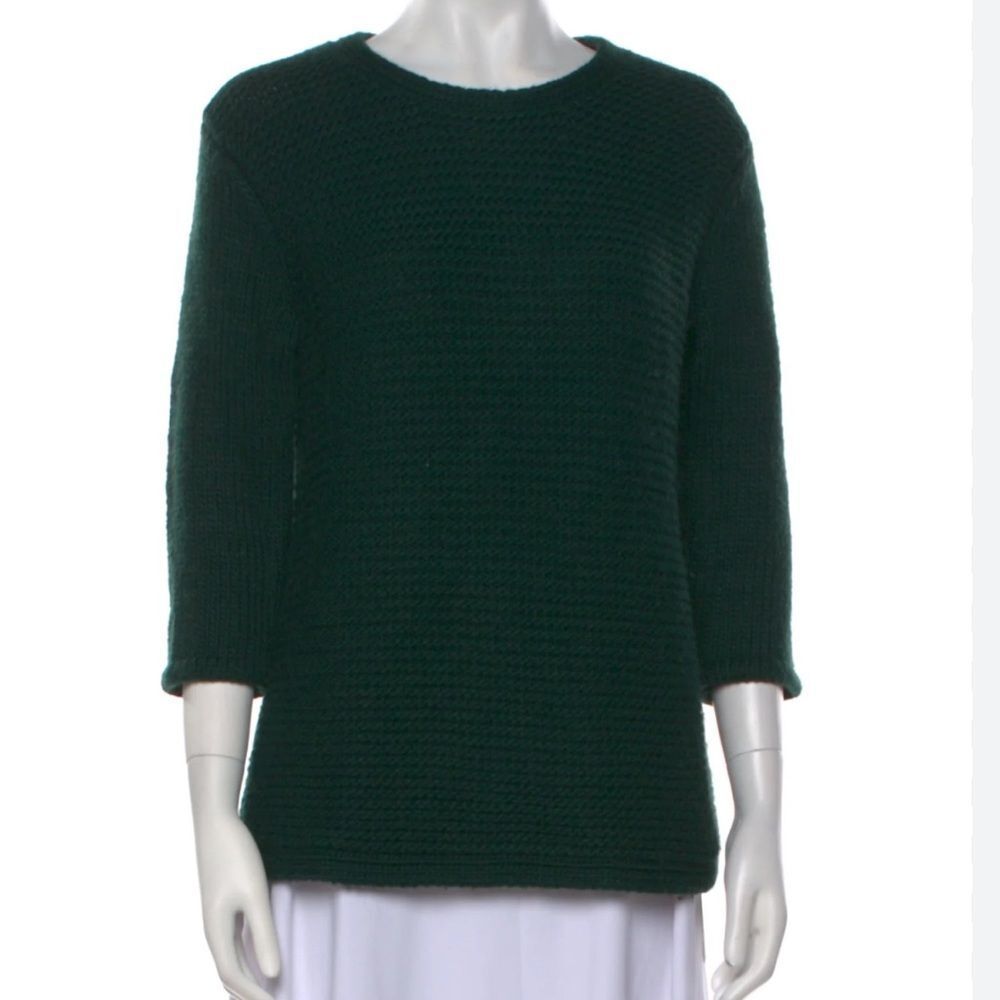 Tibi DarkâGreen Textured Crewneck Sweater split back wool blend small